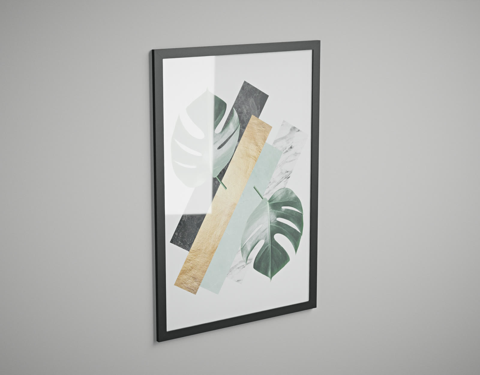 Moldura preta 60x90 na parede com um pôster botânico dentro: o acrílico cristal reflete a janela de leve sobre a arte